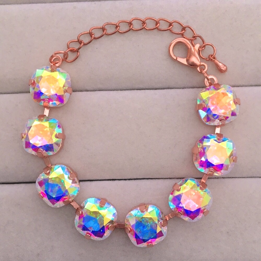 Aurora Borealis Cushion Cut Rose Gold Crystal Tennis Bracelet